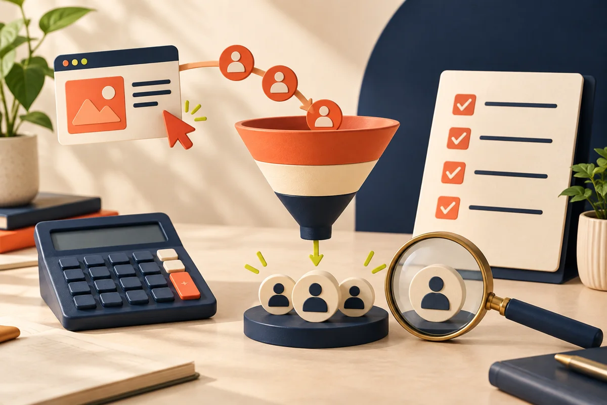 Illustration of campaign budgeting, a lead qualification funnel and a measurement checklist