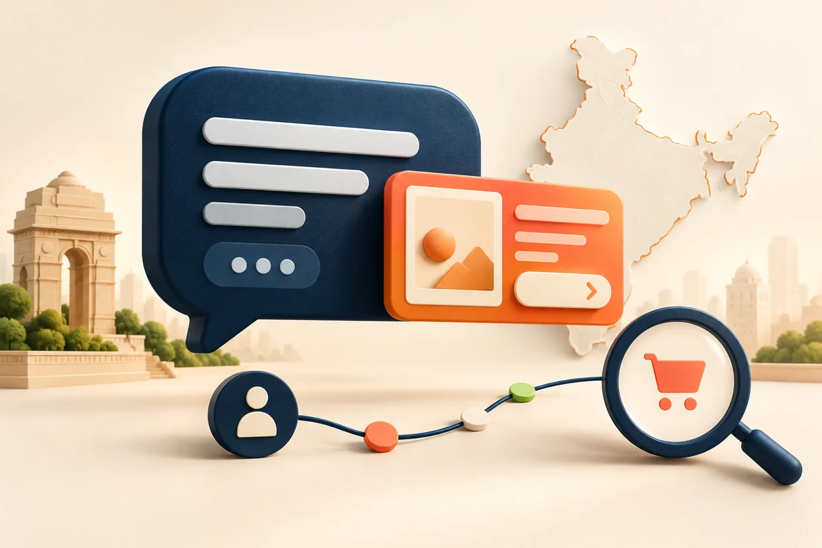 Editorial illustration of conversational advertising and customer journeys in India